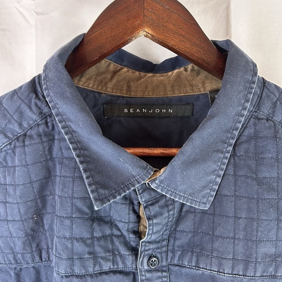 Sean John Men's 4XB Blue Long Sleeve Button Up Brown Corduroy Elbow Patch - Picture 3 of 13